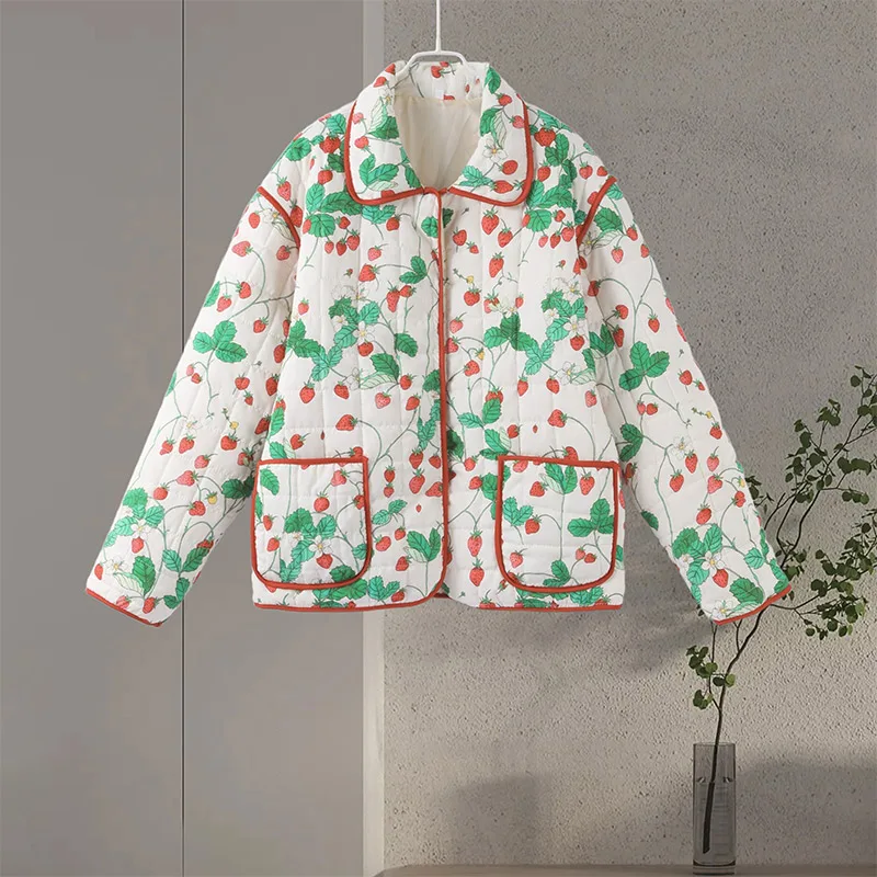 Women's Fashion Print Panelled Quilted Cotton Jacket Long Sleeve Pocket Cardigan Coat 2025 Autumn Winter Daily Casual Outerwear