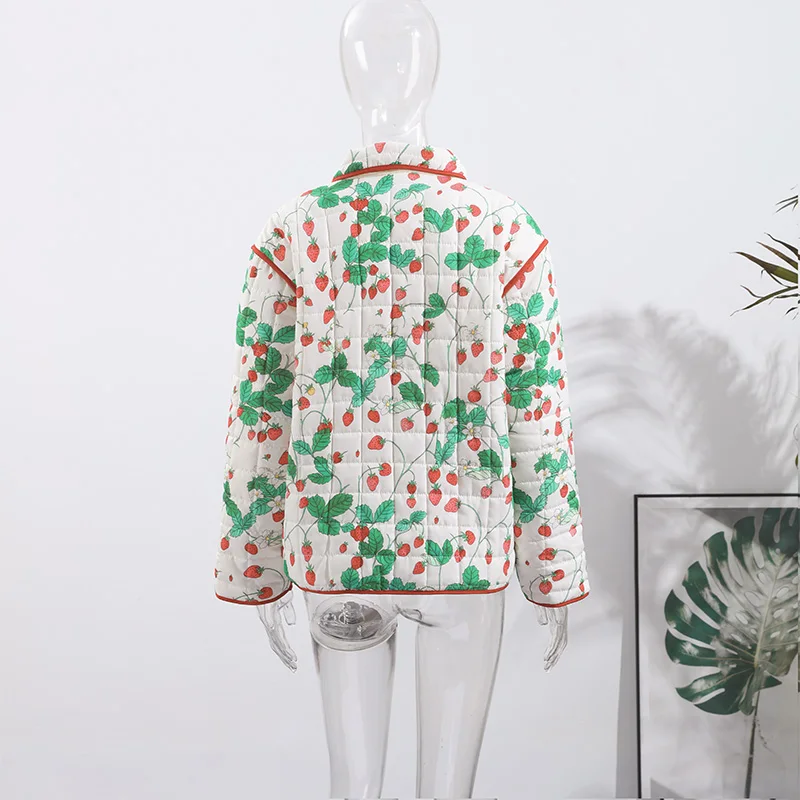 Women's Fashion Print Panelled Quilted Cotton Jacket Long Sleeve Pocket Cardigan Coat 2025 Autumn Winter Daily Casual Outerwear