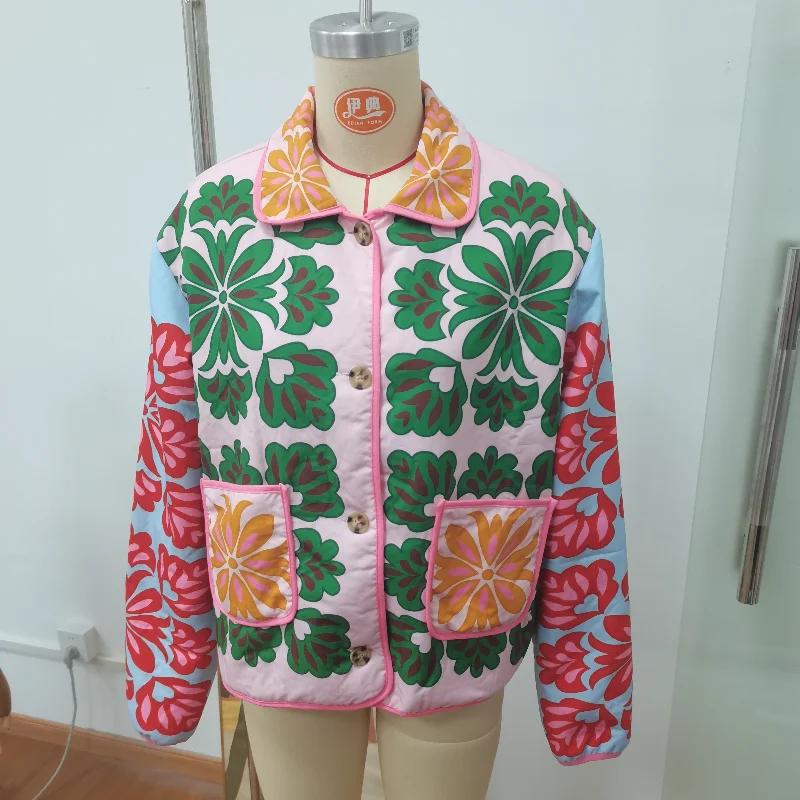 Women's Fashion Print Panelled Quilted Cotton Jacket Long Sleeve Pocket Cardigan Coat 2025 Autumn Winter Daily Casual Outerwear