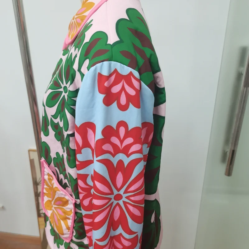 Women's Fashion Print Panelled Quilted Cotton Jacket Long Sleeve Pocket Cardigan Coat 2025 Autumn Winter Daily Casual Outerwear