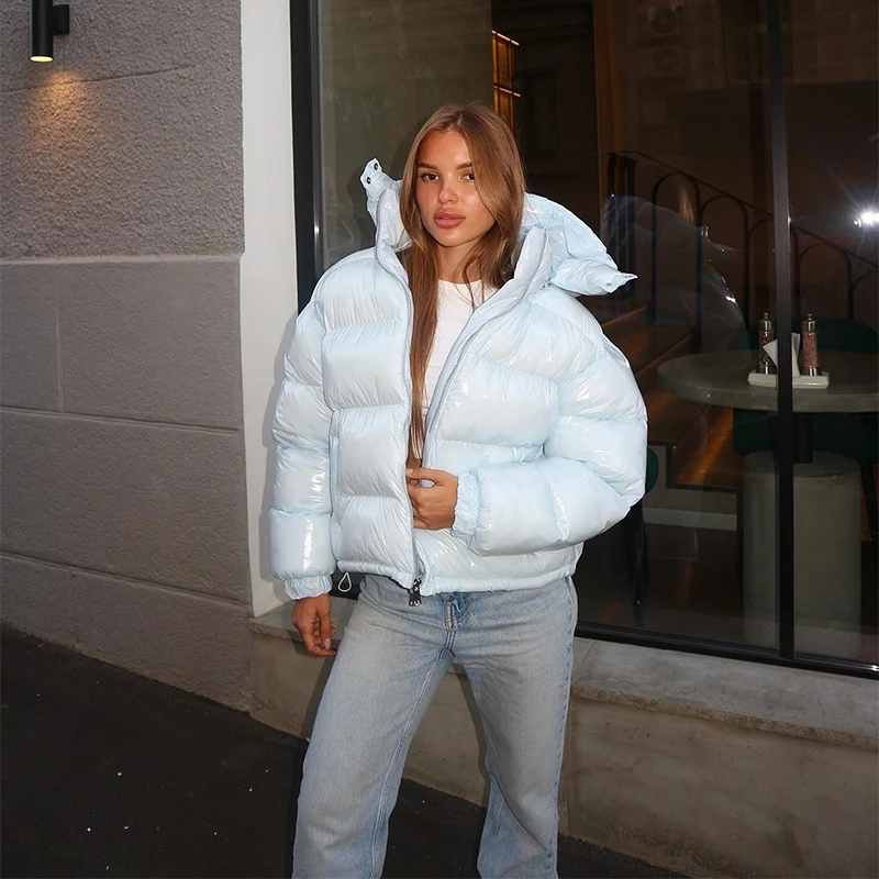 Casual Women's Glossy Hooded Cotton Coats Puffy Stand Collar Zipper Long Sleeve Warm Jackets 2026 Winter Lady Down Jacket New