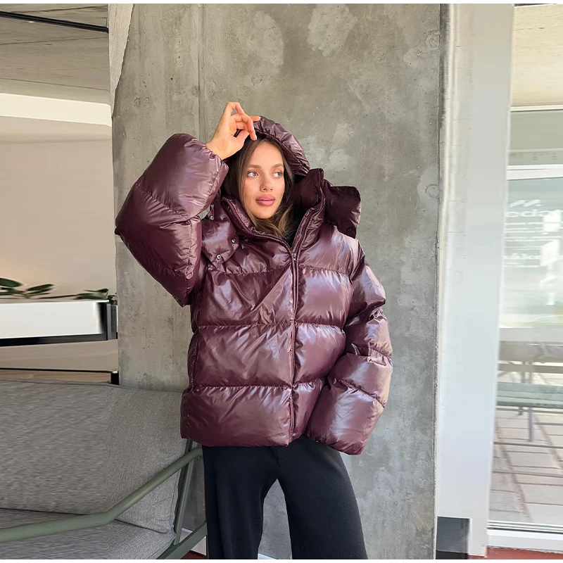 Casual Women's Glossy Hooded Cotton Coats Puffy Stand Collar Zipper Long Sleeve Warm Jackets 2026 Winter Lady Down Jacket New