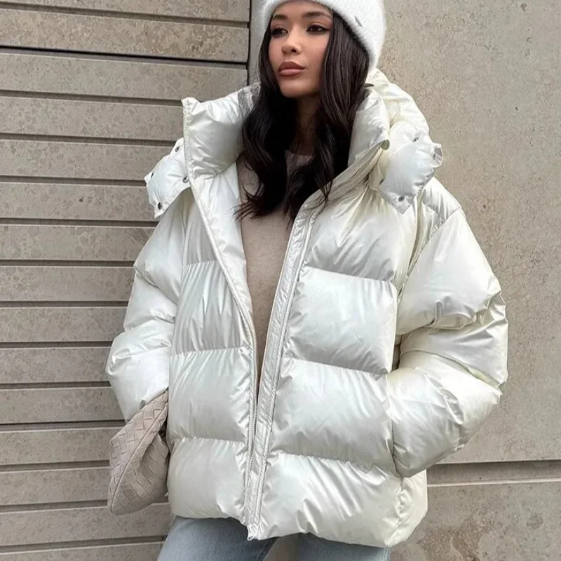 Casual Women's Glossy Hooded Cotton Coats Puffy Stand Collar Zipper Long Sleeve Warm Jackets 2026 Winter Lady Down Jacket New