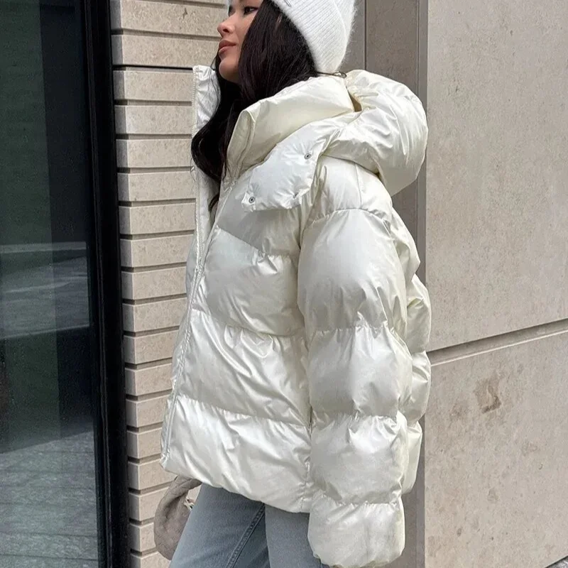 Casual Women's Glossy Hooded Cotton Coats Puffy Stand Collar Zipper Long Sleeve Warm Jackets 2026 Winter Lady Down Jacket New