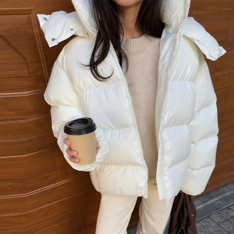 Casual Women's Glossy Hooded Cotton Coats Puffy Stand Collar Zipper Long Sleeve Warm Jackets 2026 Winter Lady Down Jacket New