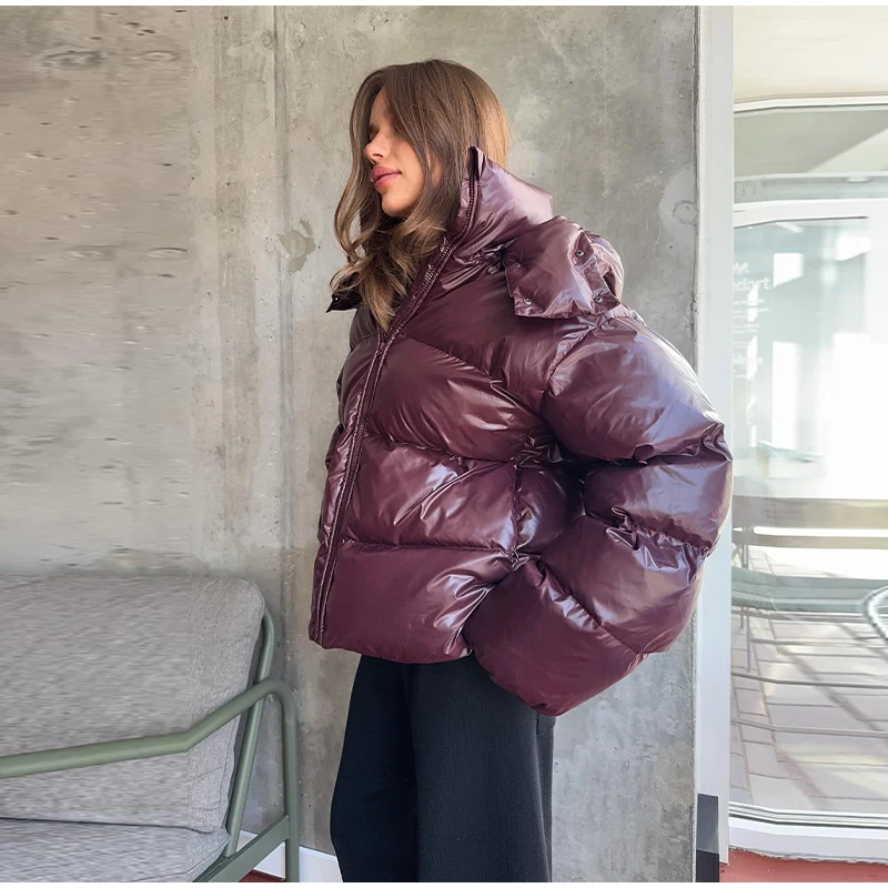Casual Women's Glossy Hooded Cotton Coats Puffy Stand Collar Zipper Long Sleeve Warm Jackets 2026 Winter Lady Down Jacket New
