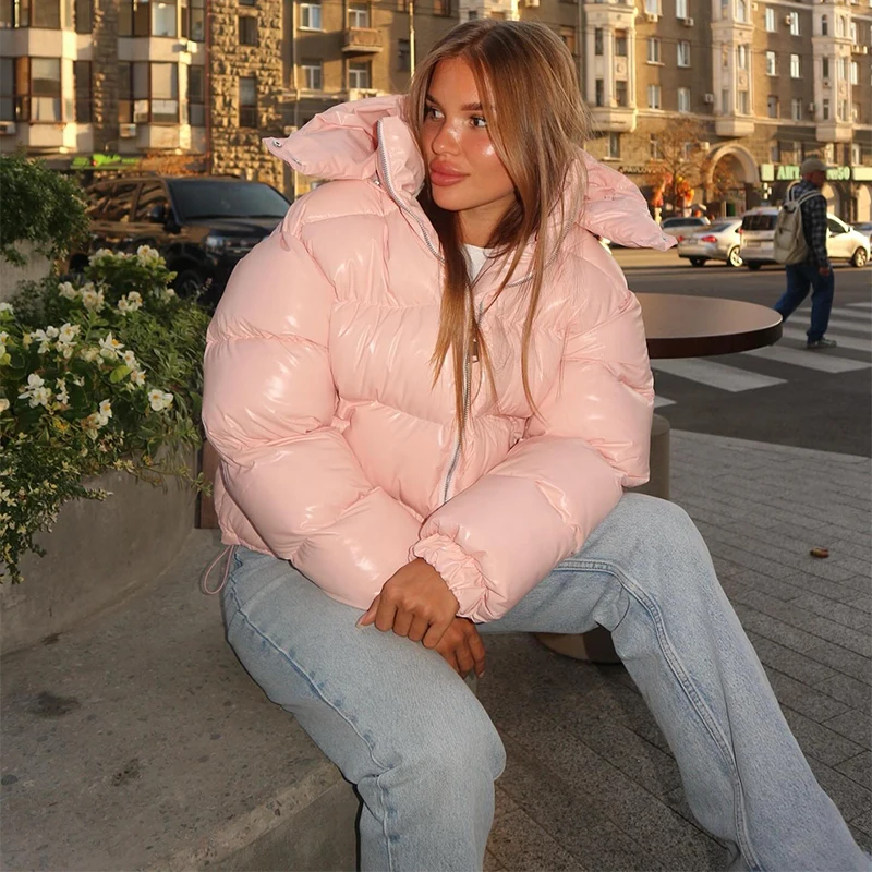 Casual Women's Glossy Hooded Cotton Coats Puffy Stand Collar Zipper Long Sleeve Warm Jackets 2026 Winter Lady Down Jacket New
