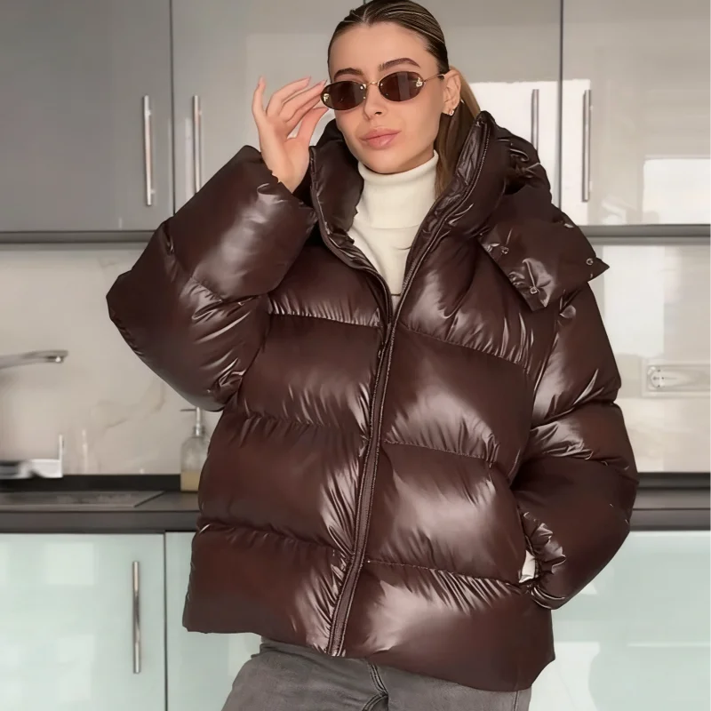 Casual Women's Glossy Hooded Cotton Coats Puffy Stand Collar Zipper Long Sleeve Warm Jackets 2026 Winter Lady Down Jacket New