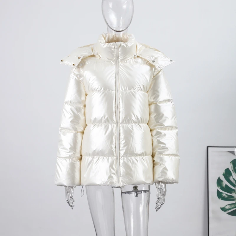 Casual Women's Glossy Hooded Cotton Coats Puffy Stand Collar Zipper Long Sleeve Warm Jackets 2026 Winter Lady Down Jacket New