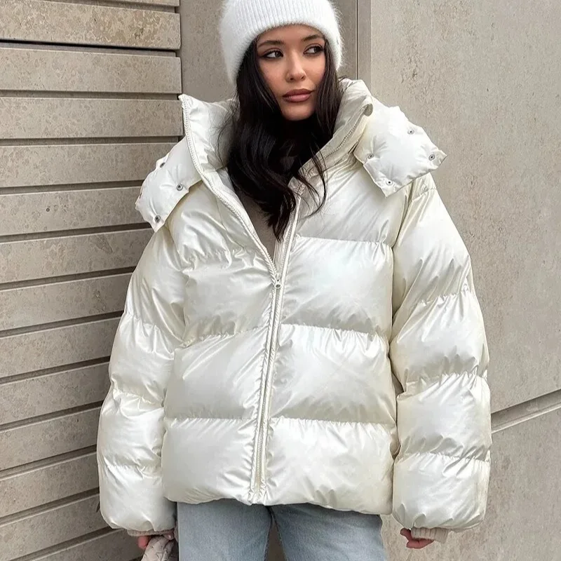 Casual Women's Glossy Hooded Cotton Coats Puffy Stand Collar Zipper Long Sleeve Warm Jackets 2026 Winter Lady Down Jacket New