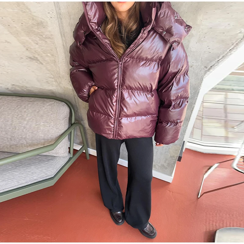 Casual Women's Glossy Hooded Cotton Coats Puffy Stand Collar Zipper Long Sleeve Warm Jackets 2026 Winter Lady Down Jacket New