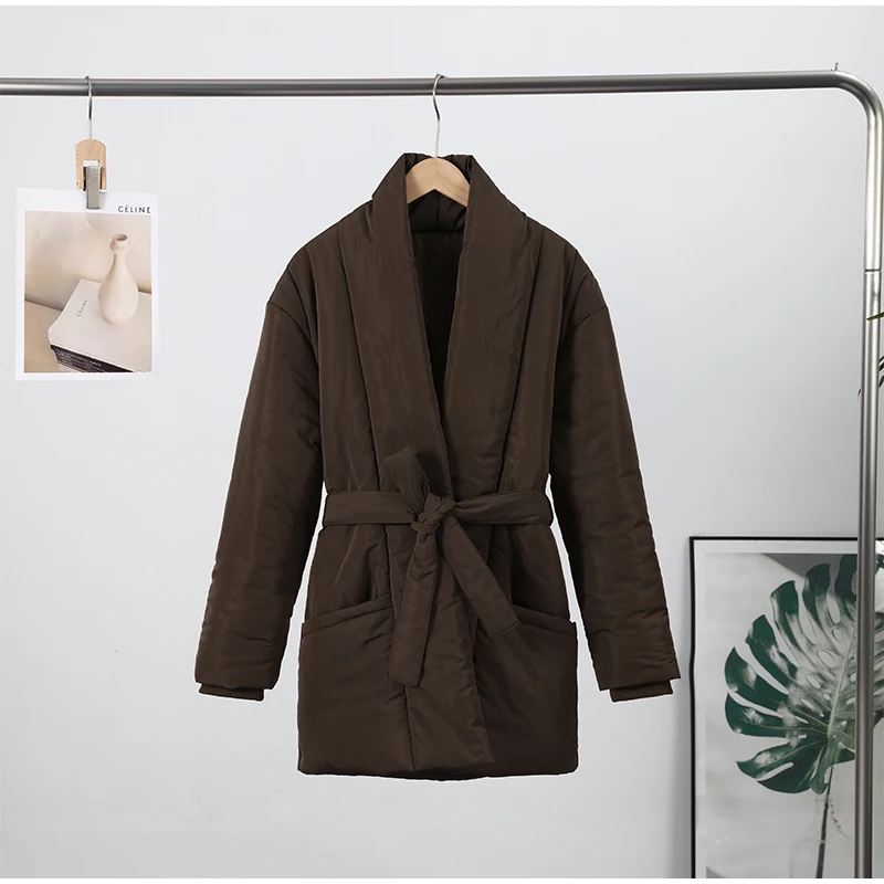 Lace Up Cotton Woman Winter Coats Casual V-neck Long Sleeve Pocket Female Jacket 2026 Chic Lady Daily New Outerwear Tops