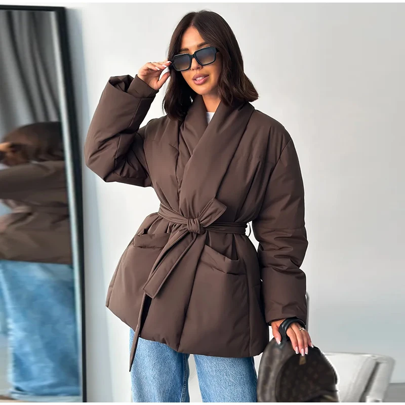 Lace Up Cotton Woman Winter Coats Casual V-neck Long Sleeve Pocket Female Jacket 2026 Chic Lady Daily New Outerwear Tops