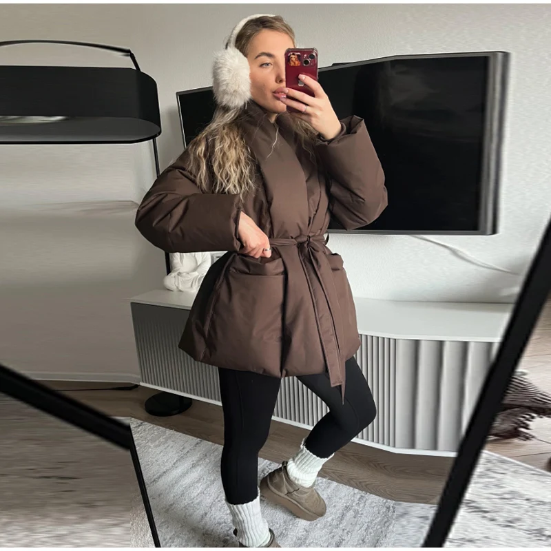 Lace Up Cotton Woman Winter Coats Casual V-neck Long Sleeve Pocket Female Jacket 2026 Chic Lady Daily New Outerwear Tops