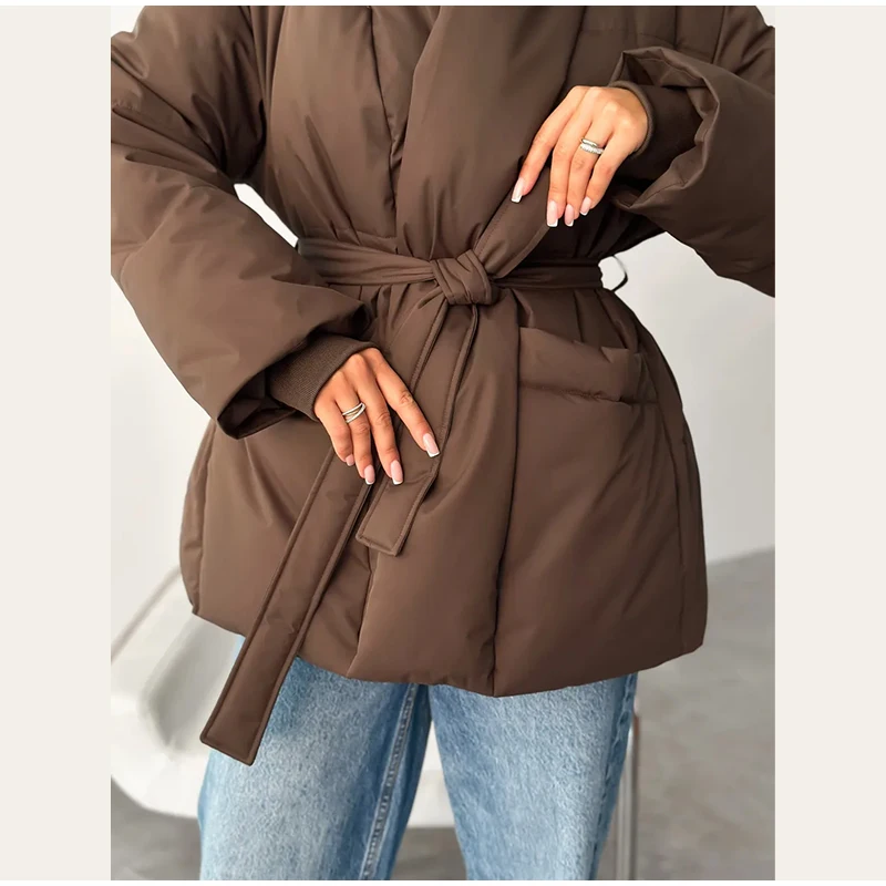 Lace Up Cotton Woman Winter Coats Casual V-neck Long Sleeve Pocket Female Jacket 2026 Chic Lady Daily New Outerwear Tops
