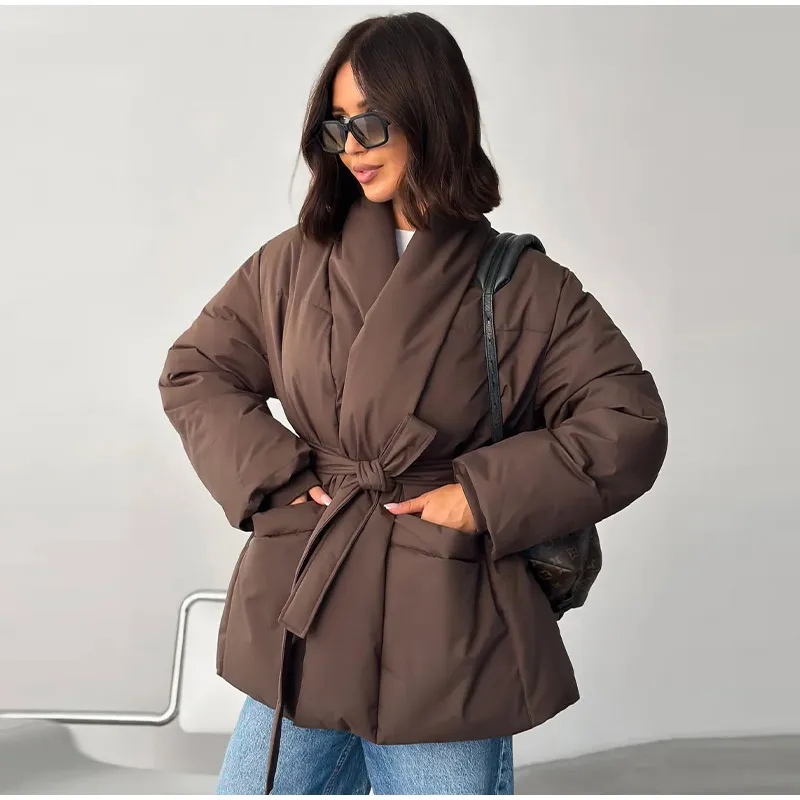 Lace Up Cotton Woman Winter Coats Casual V-neck Long Sleeve Pocket Female Jacket 2026 Chic Lady Daily New Outerwear Tops