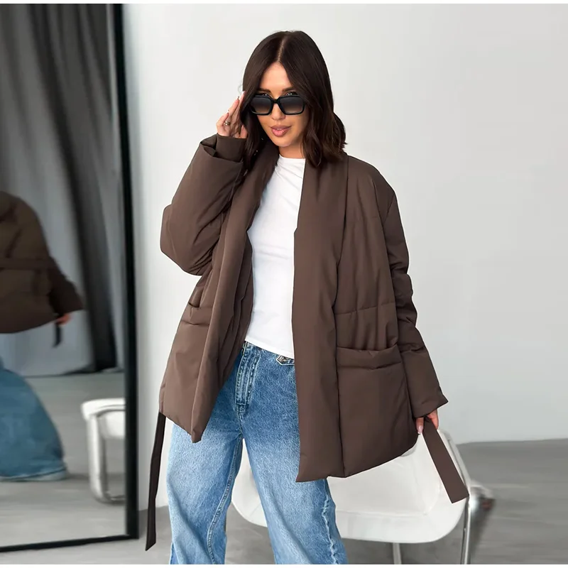 Lace Up Cotton Woman Winter Coats Casual V-neck Long Sleeve Pocket Female Jacket 2026 Chic Lady Daily New Outerwear Tops