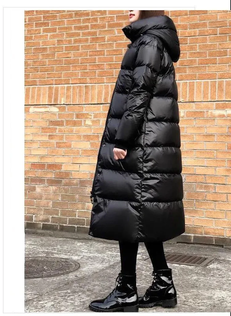 Black Glossy Parka Coat Women's 2026 Fashion Thicken Winter Hooded Loose Long Jacket Female Windproof Rainproof Warm Outwear