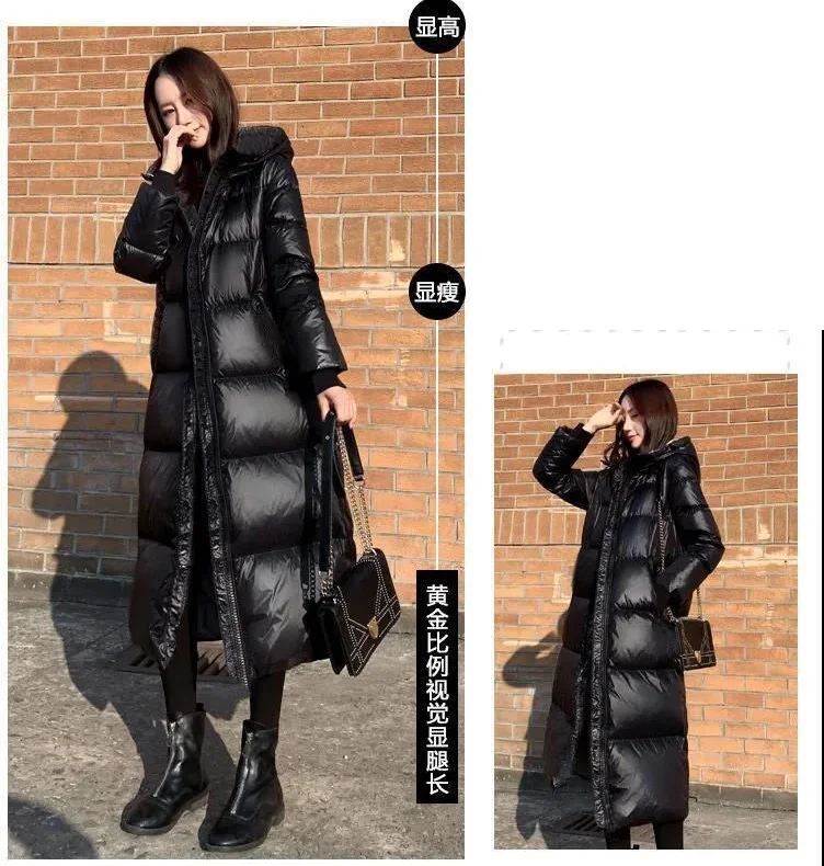 Black Glossy Parka Coat Women's 2026 Fashion Thicken Winter Hooded Loose Long Jacket Female Windproof Rainproof Warm Outwear