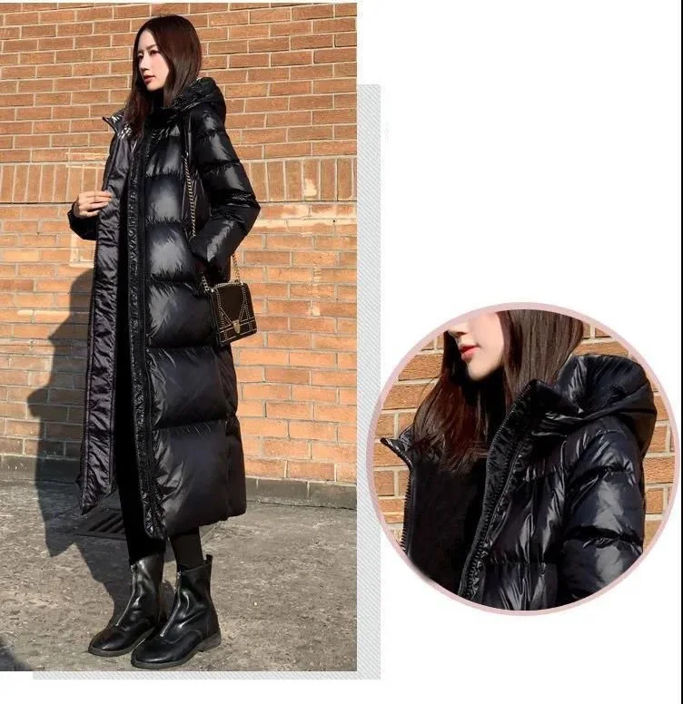 Black Glossy Parka Coat Women's 2026 Fashion Thicken Winter Hooded Loose Long Jacket Female Windproof Rainproof Warm Outwear