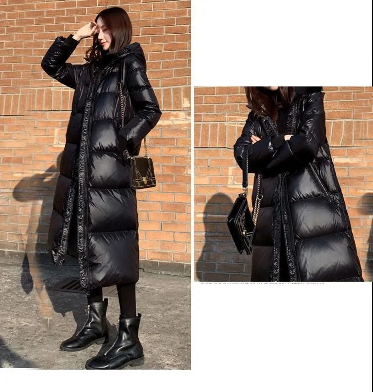 Black Glossy Parka Coat Women's 2026 Fashion Thicken Winter Hooded Loose Long Jacket Female Windproof Rainproof Warm Outwear