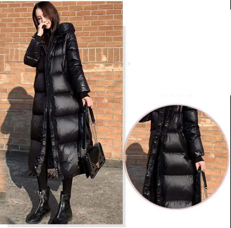 Black Glossy Parka Coat Women's 2026 Fashion Thicken Winter Hooded Loose Long Jacket Female Windproof Rainproof Warm Outwear