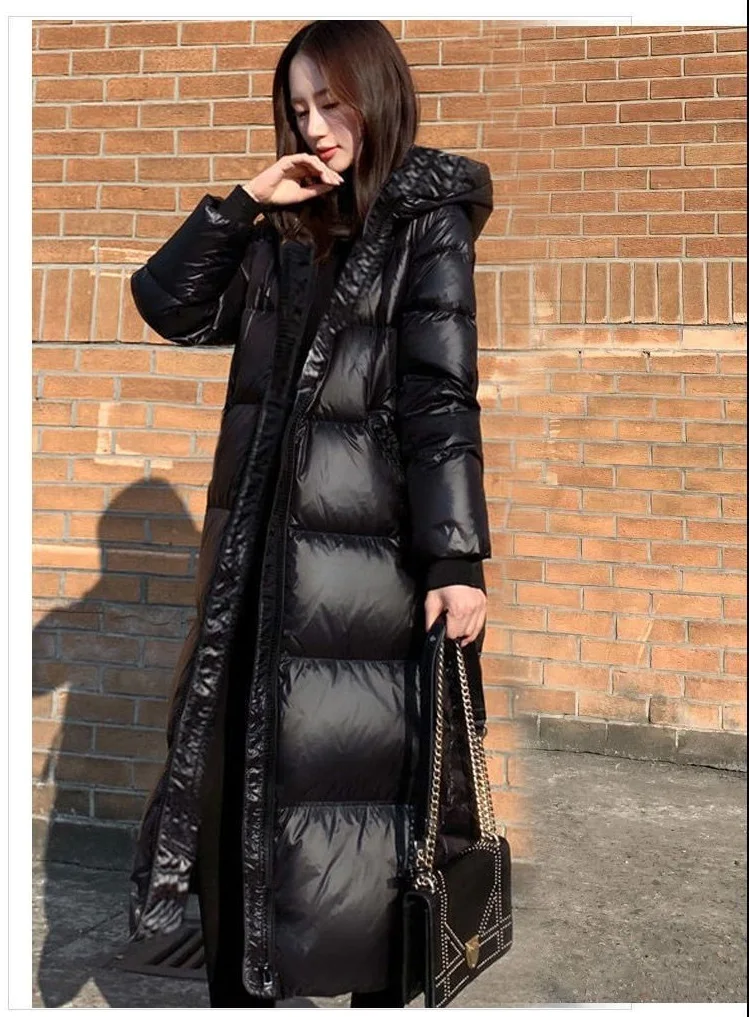 Black Glossy Parka Coat Women's 2026 Fashion Thicken Winter Hooded Loose Long Jacket Female Windproof Rainproof Warm Outwear
