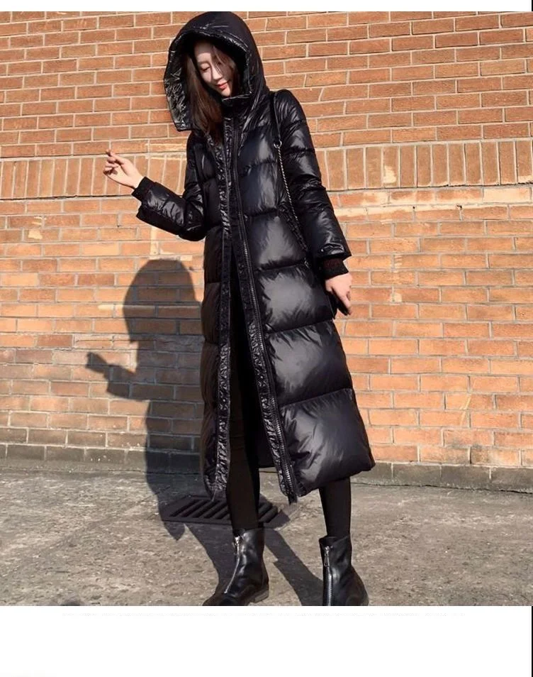 Black Glossy Parka Coat Women's 2026 Fashion Thicken Winter Hooded Loose Long Jacket Female Windproof Rainproof Warm Outwear