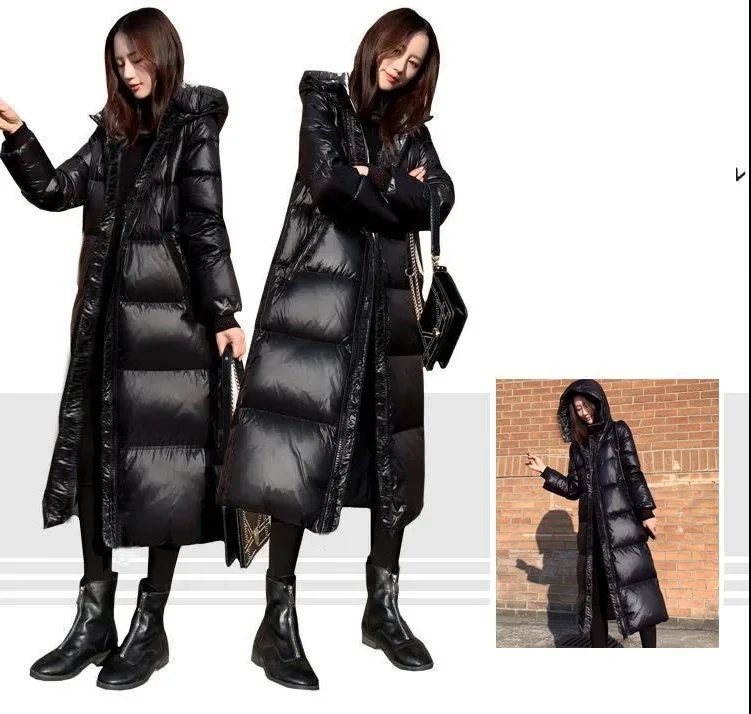 Black Glossy Parka Coat Women's 2026 Fashion Thicken Winter Hooded Loose Long Jacket Female Windproof Rainproof Warm Outwear