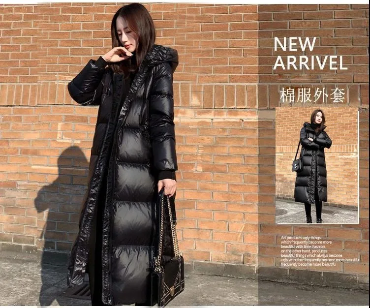 Black Glossy Parka Coat Women's 2026 Fashion Thicken Winter Hooded Loose Long Jacket Female Windproof Rainproof Warm Outwear
