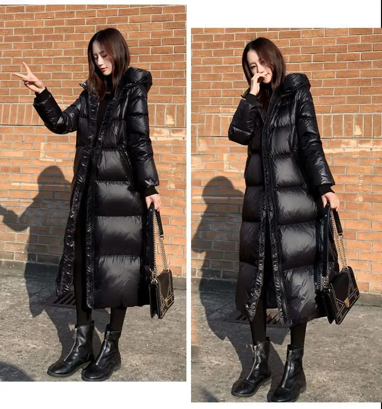 Black Glossy Parka Coat Women's 2026 Fashion Thicken Winter Hooded Loose Long Jacket Female Windproof Rainproof Warm Outwear