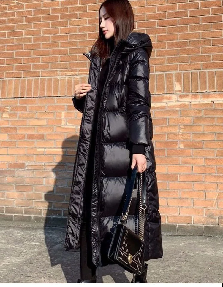 Black Glossy Parka Coat Women's 2026 Fashion Thicken Winter Hooded Loose Long Jacket Female Windproof Rainproof Warm Outwear