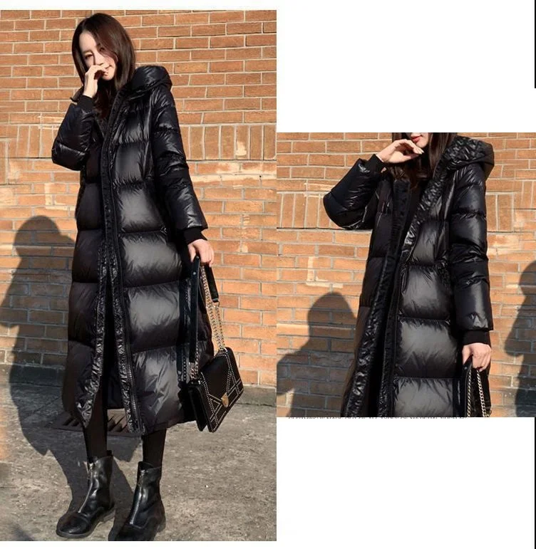 Black Glossy Parka Coat Women's 2026 Fashion Thicken Winter Hooded Loose Long Jacket Female Windproof Rainproof Warm Outwear