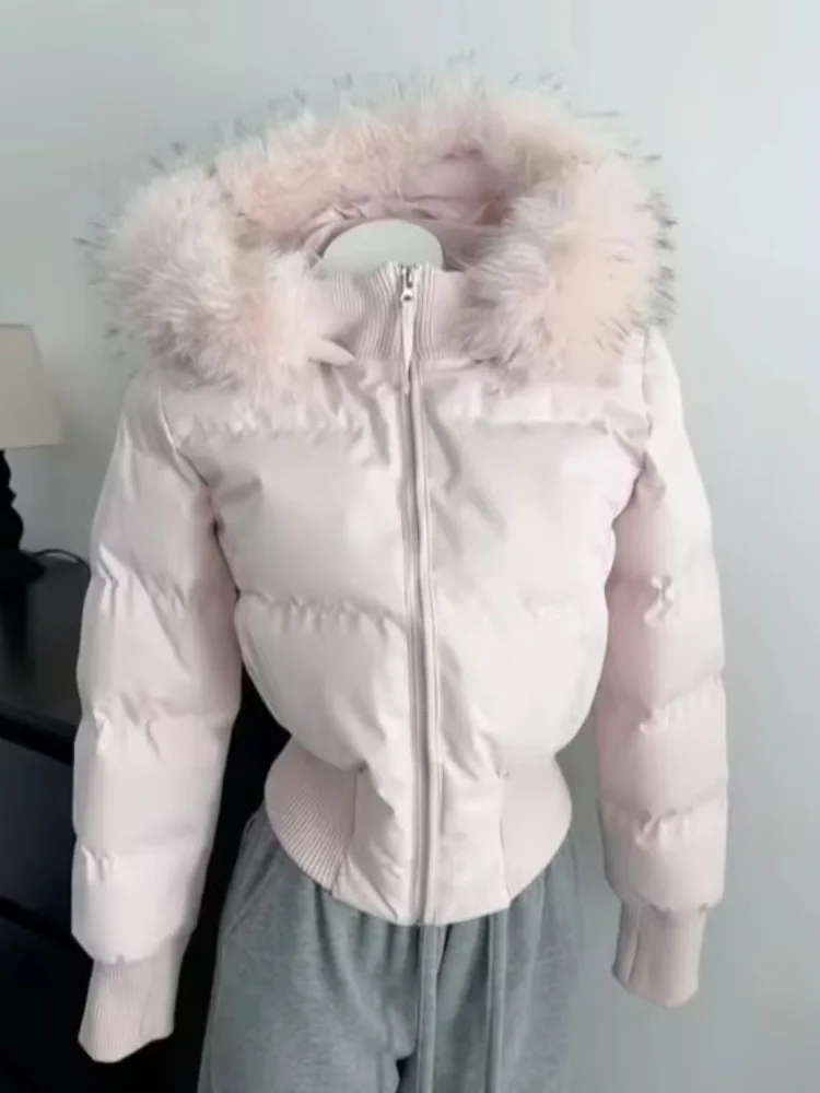 Fur Collar Parka Women Winter Hooded Short Coat Warm Puffer Jacket Female Outdoor Y2k Slim Fit Outwear 2026 Casual Tops Hoodie