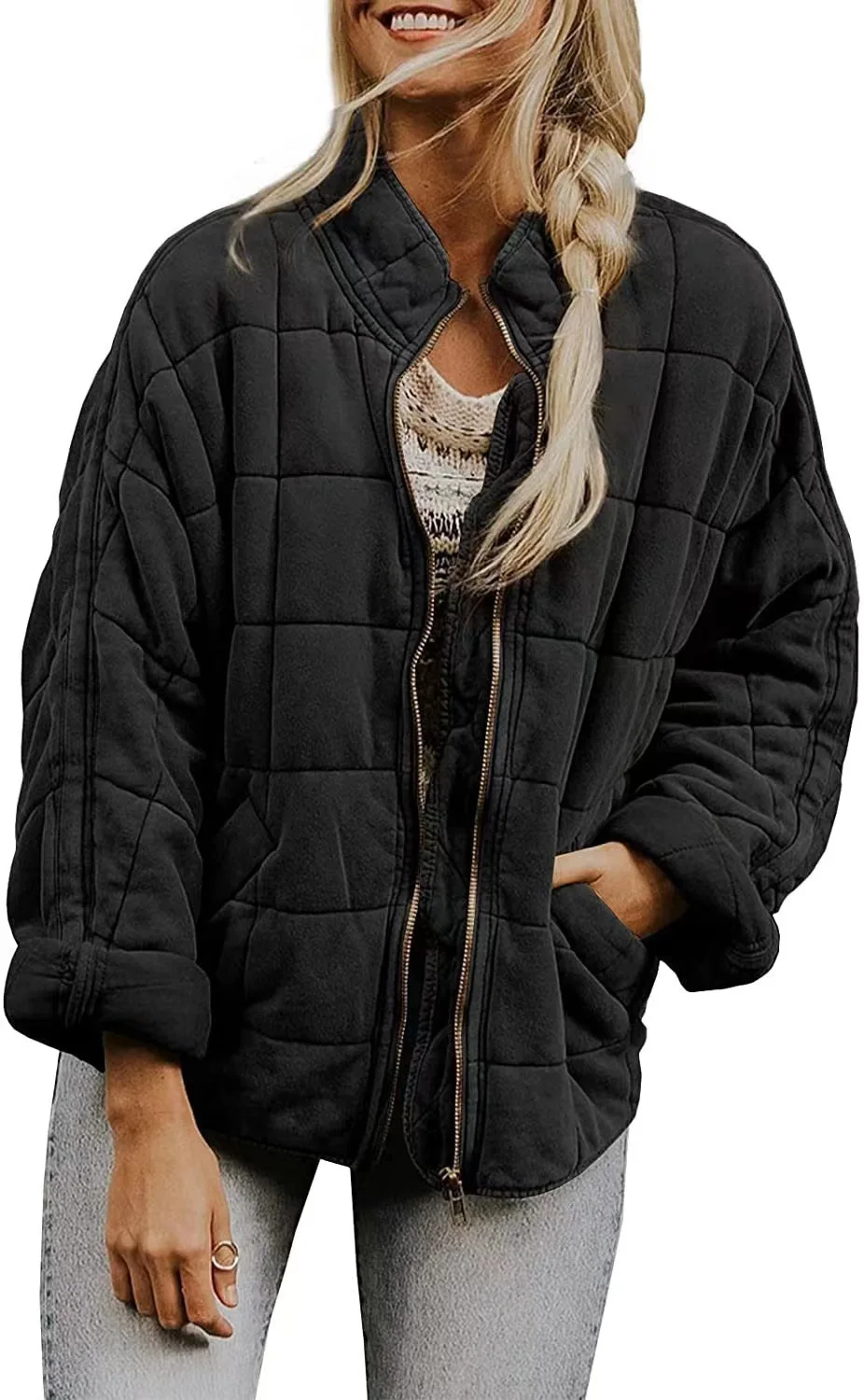 Europe and The United States Winter New Fashion Casual Solid Color Loose Stand-up Collar Zipper Padded Jacket with Pockets Women