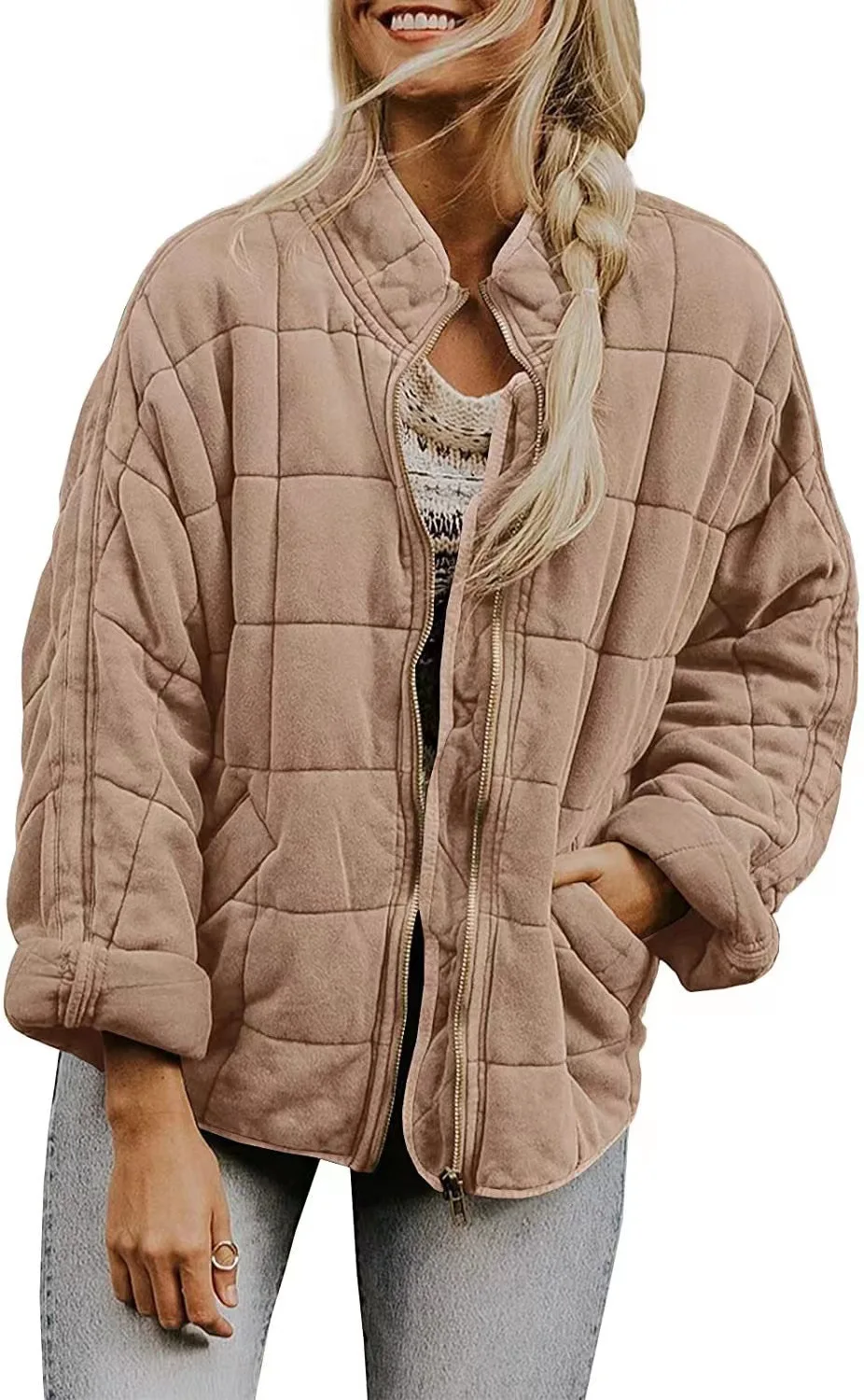 Europe and The United States Winter New Fashion Casual Solid Color Loose Stand-up Collar Zipper Padded Jacket with Pockets Women