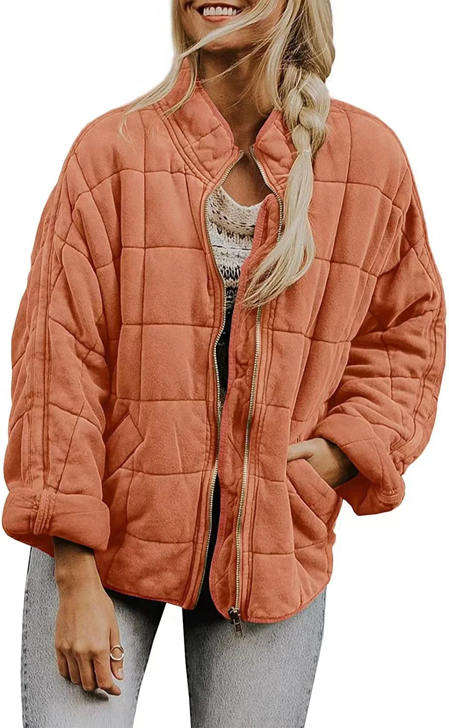 Europe and The United States Winter New Fashion Casual Solid Color Loose Stand-up Collar Zipper Padded Jacket with Pockets Women
