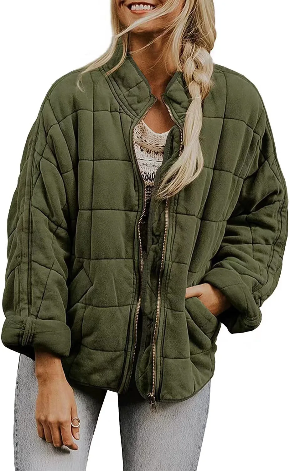 Europe and The United States Winter New Fashion Casual Solid Color Loose Stand-up Collar Zipper Padded Jacket with Pockets Women