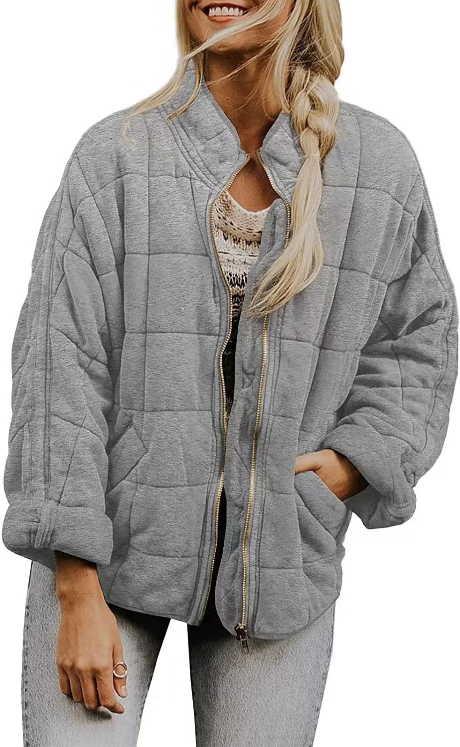 Europe and The United States Winter New Fashion Casual Solid Color Loose Stand-up Collar Zipper Padded Jacket with Pockets Women
