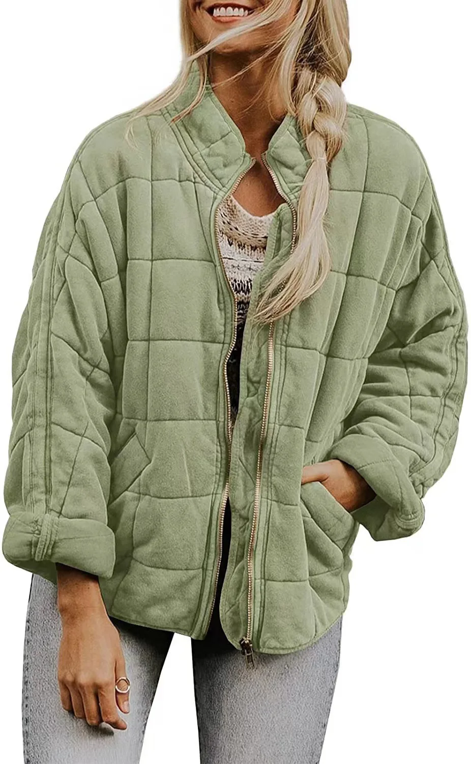 Europe and The United States Winter New Fashion Casual Solid Color Loose Stand-up Collar Zipper Padded Jacket with Pockets Women
