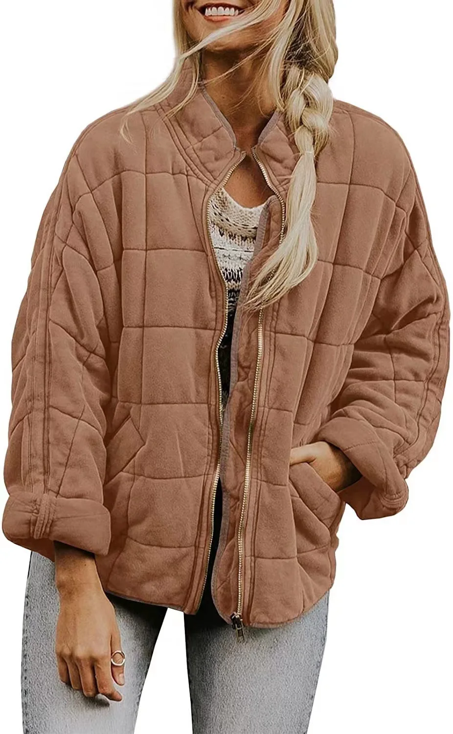 Europe and The United States Winter New Fashion Casual Solid Color Loose Stand-up Collar Zipper Padded Jacket with Pockets Women