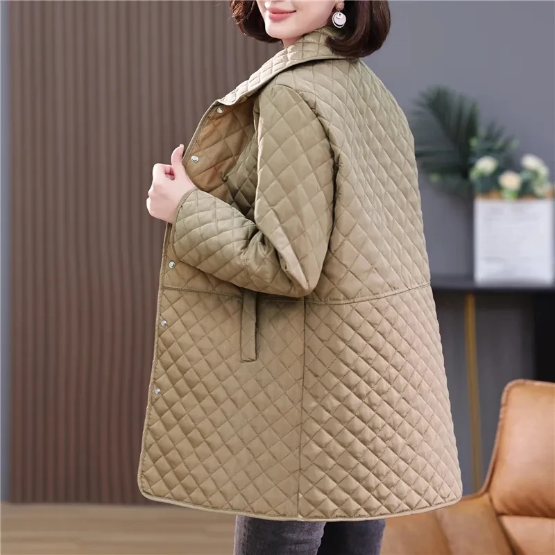 2026New Spring Autumn Retro Comfort Versatile Rhombic lattice Ligh Cotton Loose Women Parkas Down Cotton Jacket Warm Coat Female