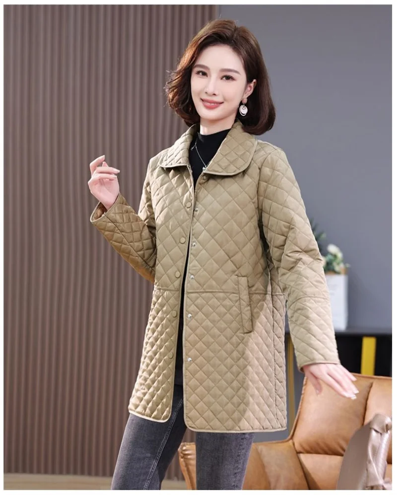 2026New Spring Autumn Retro Comfort Versatile Rhombic lattice Ligh Cotton Loose Women Parkas Down Cotton Jacket Warm Coat Female