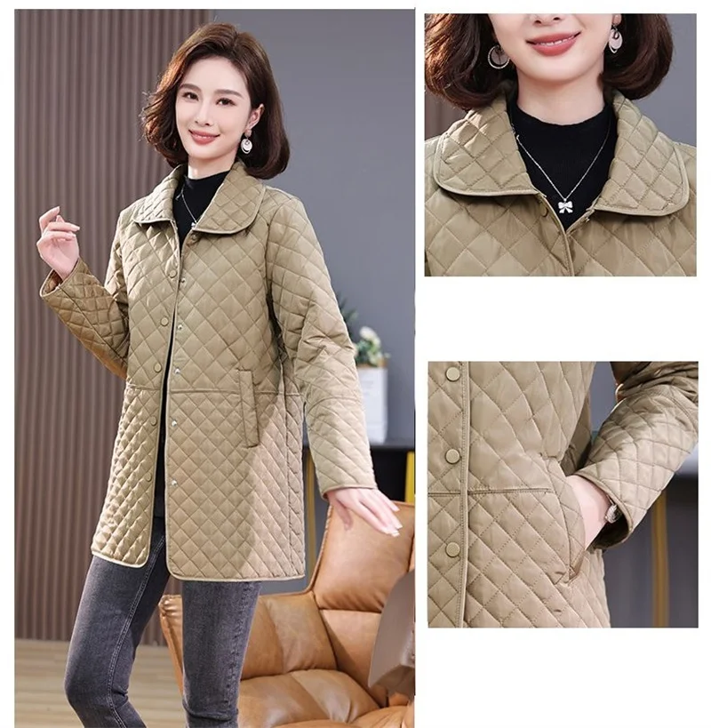 2026New Spring Autumn Retro Comfort Versatile Rhombic lattice Ligh Cotton Loose Women Parkas Down Cotton Jacket Warm Coat Female