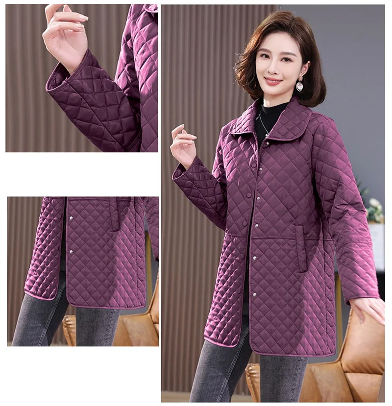 2026New Spring Autumn Retro Comfort Versatile Rhombic lattice Ligh Cotton Loose Women Parkas Down Cotton Jacket Warm Coat Female
