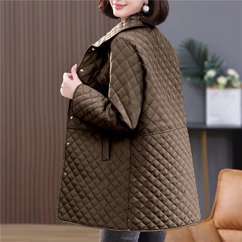 2026New Spring Autumn Retro Comfort Versatile Rhombic lattice Ligh Cotton Loose Women Parkas Down Cotton Jacket Warm Coat Female