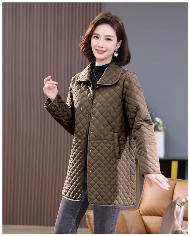 2026New Spring Autumn Retro Comfort Versatile Rhombic lattice Ligh Cotton Loose Women Parkas Down Cotton Jacket Warm Coat Female