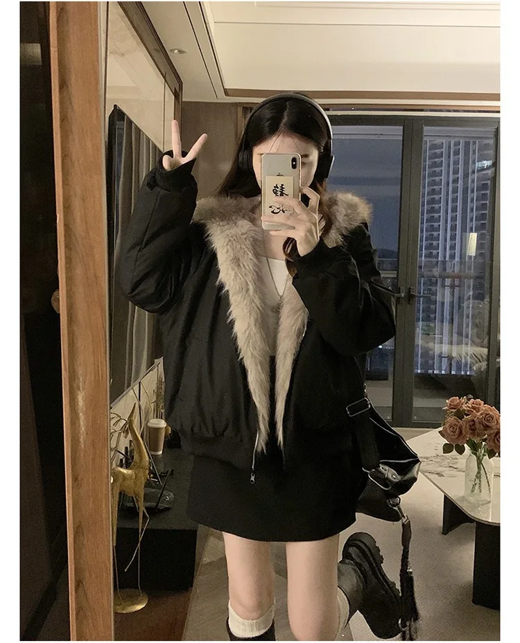 Double Sided Winter Coat Women Clothing Imitation Mink Fur Hooded Cotton Jacket Female Warm Cotton-Padded Clothes Outerwear