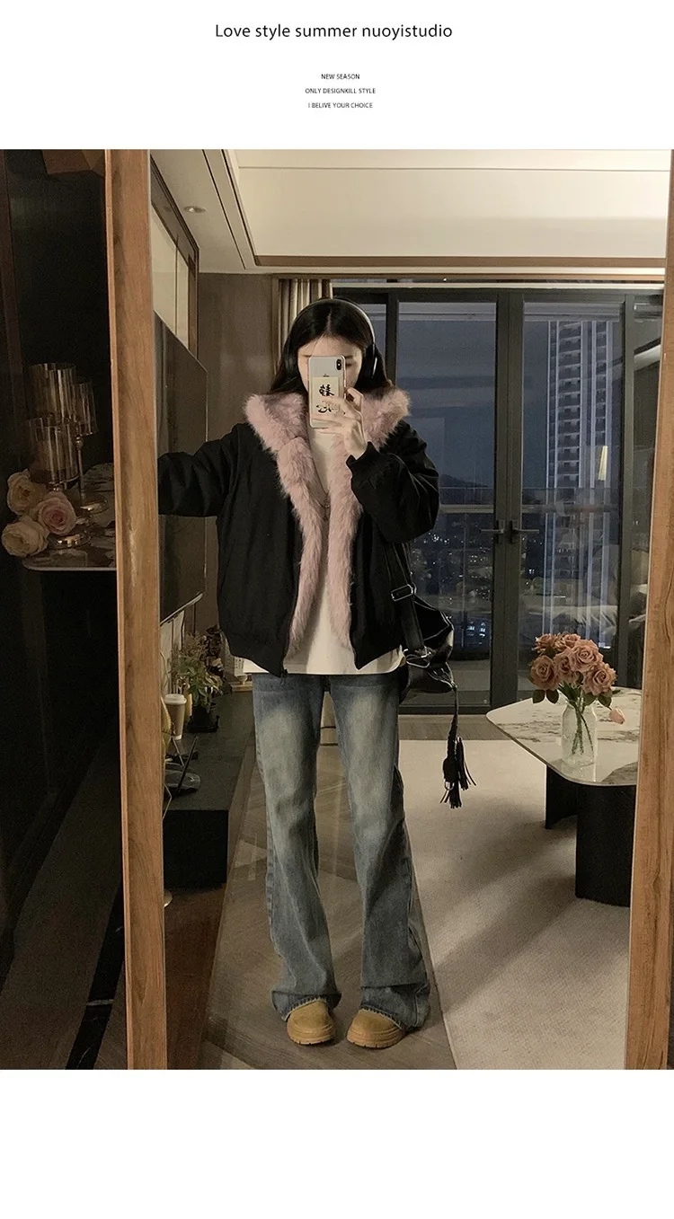 Double Sided Winter Coat Women Clothing Imitation Mink Fur Hooded Cotton Jacket Female Warm Cotton-Padded Clothes Outerwear