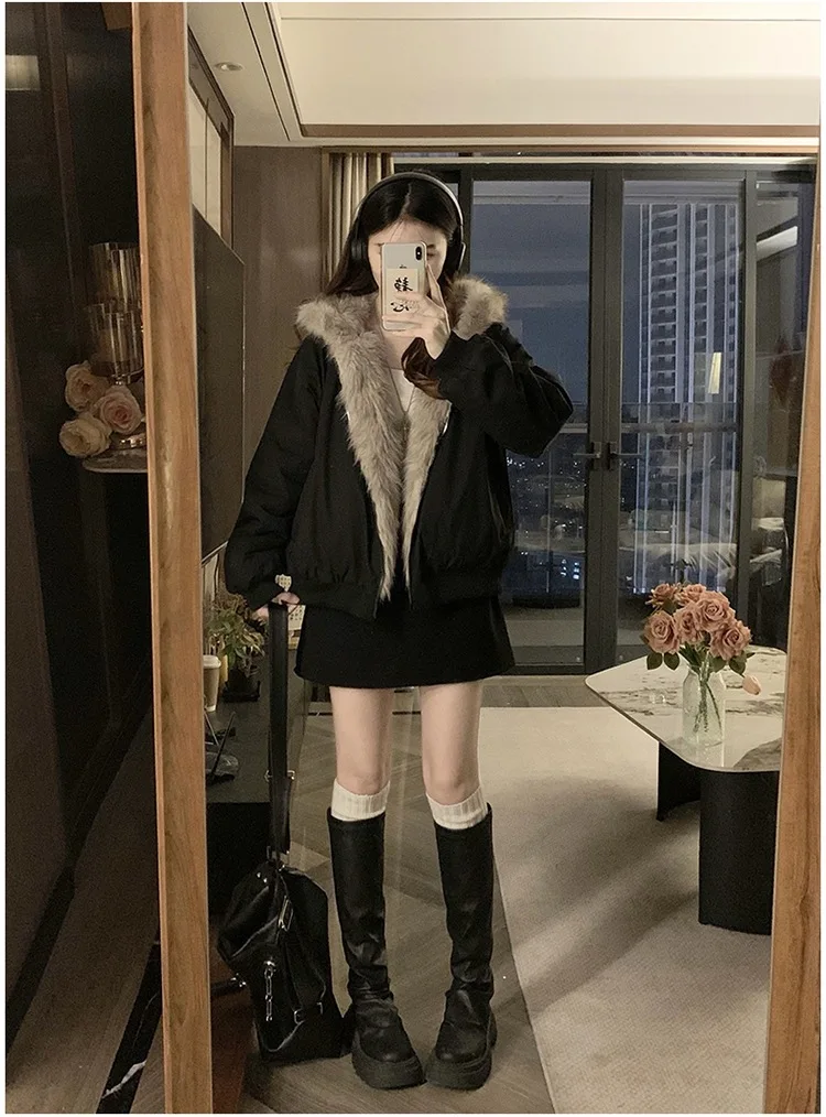 Double Sided Winter Coat Women Clothing Imitation Mink Fur Hooded Cotton Jacket Female Warm Cotton-Padded Clothes Outerwear